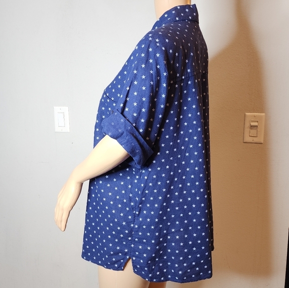 Joan Rivers Linen Star Print Blue White Short Sleee Button Shirt Women's Size L - Picture 5 of 16